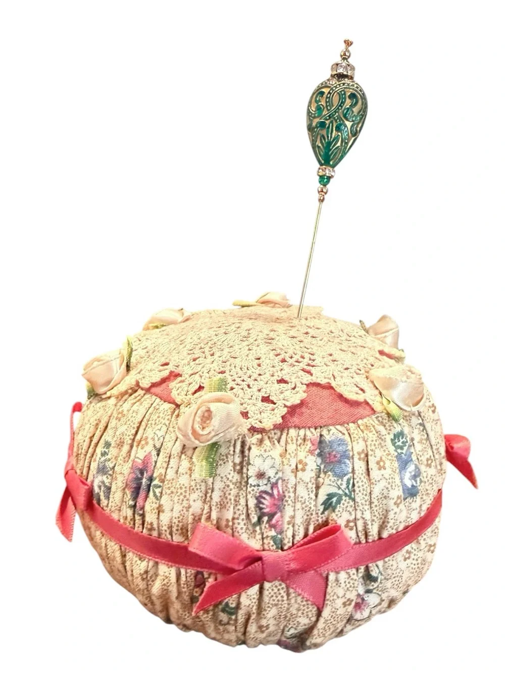 Victorian Floral Pin Cushion w/ Vintage Hatpin – Antique Sewing Collectible